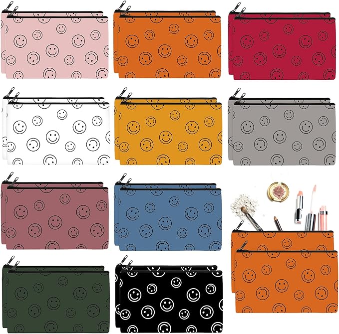 Reginary 20 Pieces Cosmetic Bag for Women, Roomy Makeup Bags with Zipper Toiletry Bag Pouch Travel Accessory Organizer Gifts, 7 x 4.3 Inches(Smile Face)