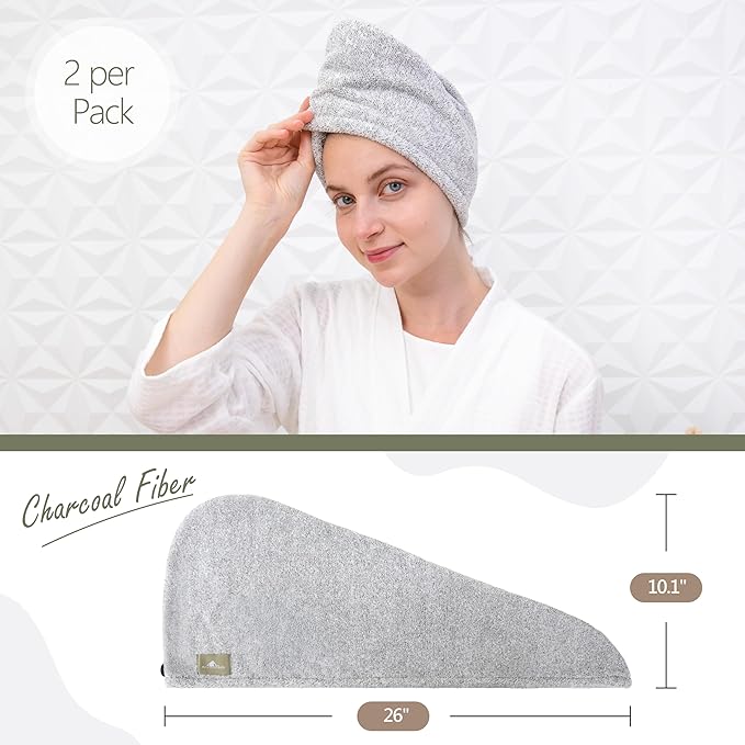 myHomeBody Hair Towel Wrap, Luxury Quick Drying Turban, Ultra Soft Absorbent Charcoal Fiber Cap, with Coconut Shell Button – 2 Pack