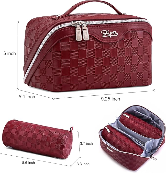 BOYATU Travel Makeup Bag Organizer Cosmetic Bag: 3 Pcs Set Make up Bags for Women with Handle - Waterproof Vegan Leather Toiletry Bags Travel Essentials Pouch with Compartments (03-A-Red)