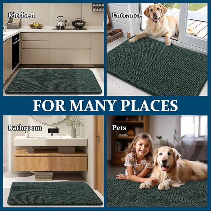 OLANLY Dog Door Mat for Muddy Paws 47x32, Absorbs Moisture and Dirt, Absorbent Non-Slip Washable Doormat, Quick Dry Chenille Mud Mat, Entry Indoor Entryway Carpet for Inside Floor, Blackish Green
