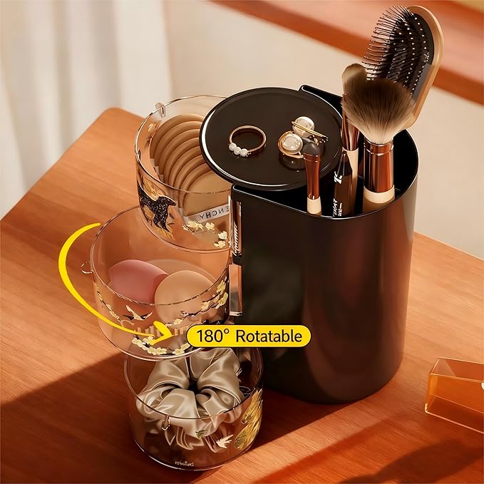 Hair Accessories Organizer with Hair Brush Holder, Rotatable Makeup Brush Holder for Necklaces, Earring, Bracelet, Ring, Makeup Brushes, Hair Clip and Hair Accessories (Black, 3-Layer)