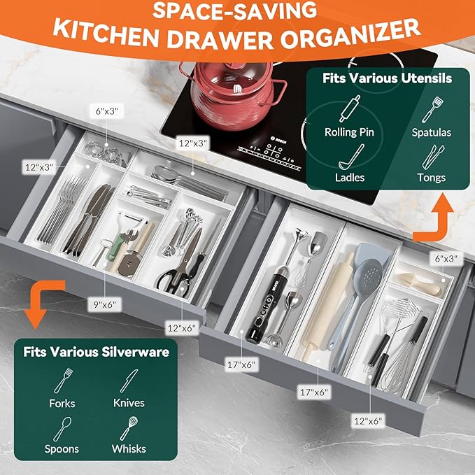 Lixple Bamboo Drawer Organizer, Narrow Silverware Organizer for Kitchen, Stackable Utensil Organizer, 2 Pcs Flatware Organizer for Drawer, Wooden Storage Box Tray (White, 12 X 3 X 2 Inch)
