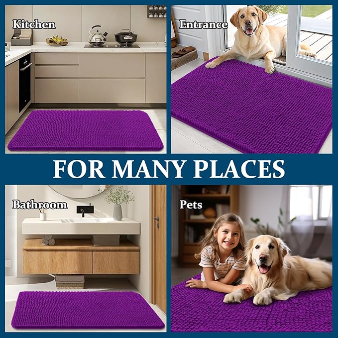 OLANLY Dog Door Mat for Muddy Paws 59x24, Absorbs Moisture and Dirt, Absorbent Non-Slip Washable Doormat, Quick Dry Chenille Mud Mat for Dogs, Entry Indoor Entryway Carpet for Inside Floor, Purple