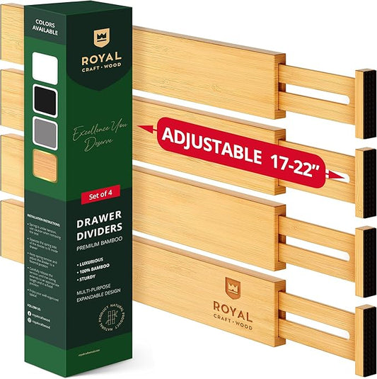 ROYAL CRAFT WOOD Adjustable Bamboo Drawer Dividers Organizers (17-21.5") with Inserts - Expandable Drawer Organization Separators for Kitchen Utensils, Clothes, 4-Pack