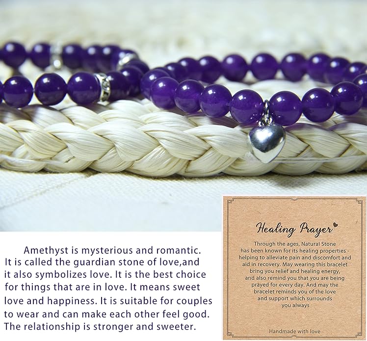 2Pcs Healing Crystal Bracelets for Women Handmade Beaded Bracelet Healing Prayers Crystal 8mm Natural Stone Beads Bracelet Stress Relief Get Well Soon Gifts