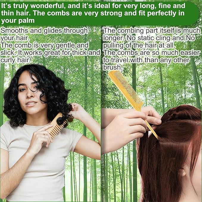 Bamboo Hair Brush Comb Set for Women, Wooden Paddle Detangling Brush for Thick Thin Curly Straight Wavy Fine Hair, Wide Tooth & Tail Comb Great for Wet or Dry Use, Hairbrush Cleaning Tool Included