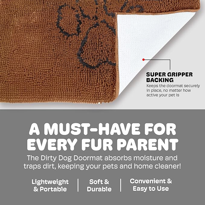 Dog Gone Smart Dirty Dog Doormat - Fast Drying Rug with Super Gripper Backing for Clean Floors - Super Absorbent Microfiber and Machine Washable Mat for Muddy Paws - Brown