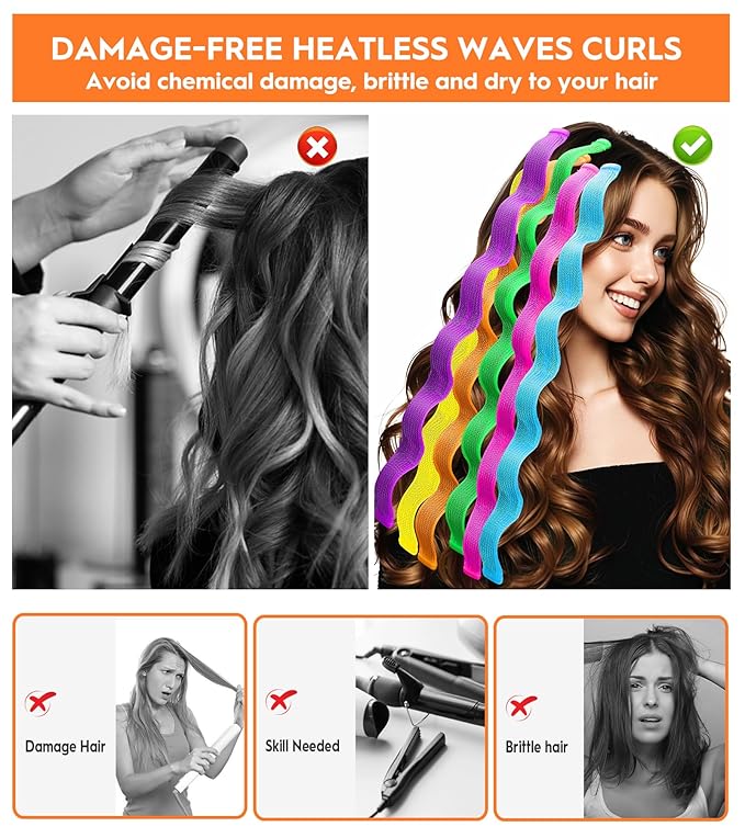 30 Pcs Heatless Hair Curlers Wave Curls Styling Kit with 2 Pcs Styling Hooks, No Heat Hair Curlers Heatless Wave Curlers for Women Girls Long Medium Short Hair (6 Colors, 55 cm/21.65 inch)