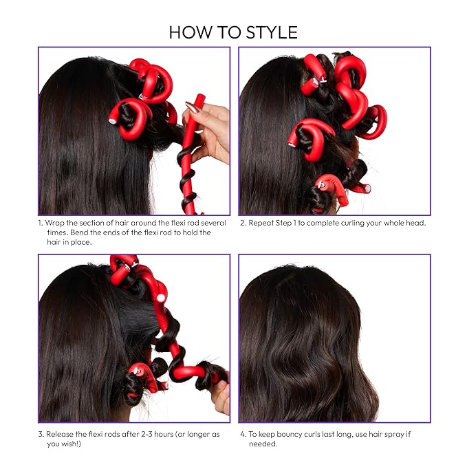 Red by Kiss Flexi Rods 7", 3/8" Diameter - Heatless Hair Curler for 90S Glamorous Bouncy Curls Beach Waves, No Slips, Sleep Styler (6 PCS x 3 PACKS)