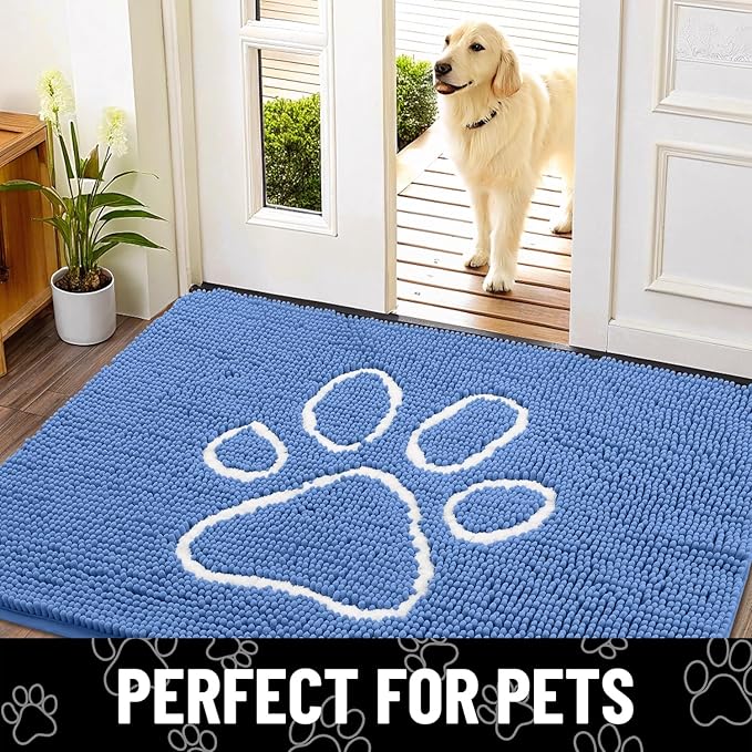 Smiry Dog Door Mat for Muddy Paws, Absorbent Dirt Trapper Non Slip Quick Dry Washable Chenille Mat for Mud Dogs, Entry Rug for Indoor and Outdoor (36x24 Inches, Cornflower Blue)