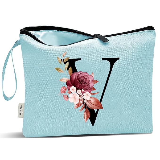 Vavabox A-Z Personalized Makeup Bag, Birthday Gifts for Women Mom, Gifts for Best Friend, Bride Bridesmaid Cosmetic bag (V, Green)