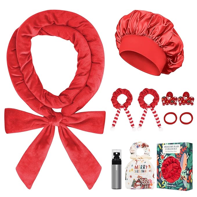 10 PCS Christmas Heatless Curls Overnight Hair Curler, 70" Overnight Curls Hair Curlers to Sleep In with Bonnet for Women Long Hair Volume, Heatless Curling DIY Set - Red