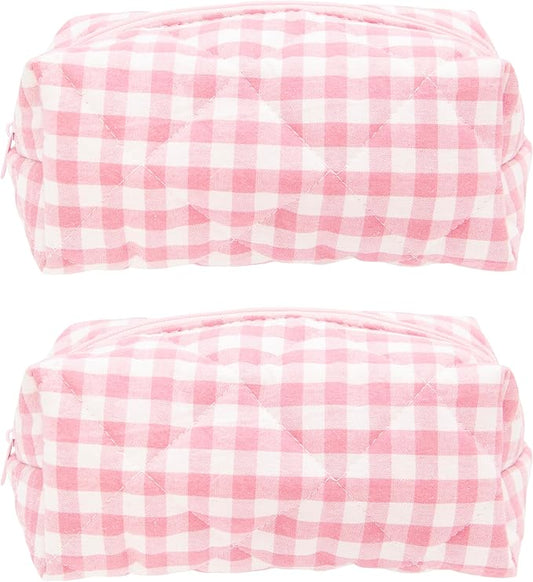PAZIMIIK 2PCS Cozy Makeup Bag Travel Cosmetic Bag for Women Soft Toiletry Bag Aesthetic Makeup Organizer Portable Large Zipper Pouch for Skincare Beauty Accessories Brushes Pink Checkered