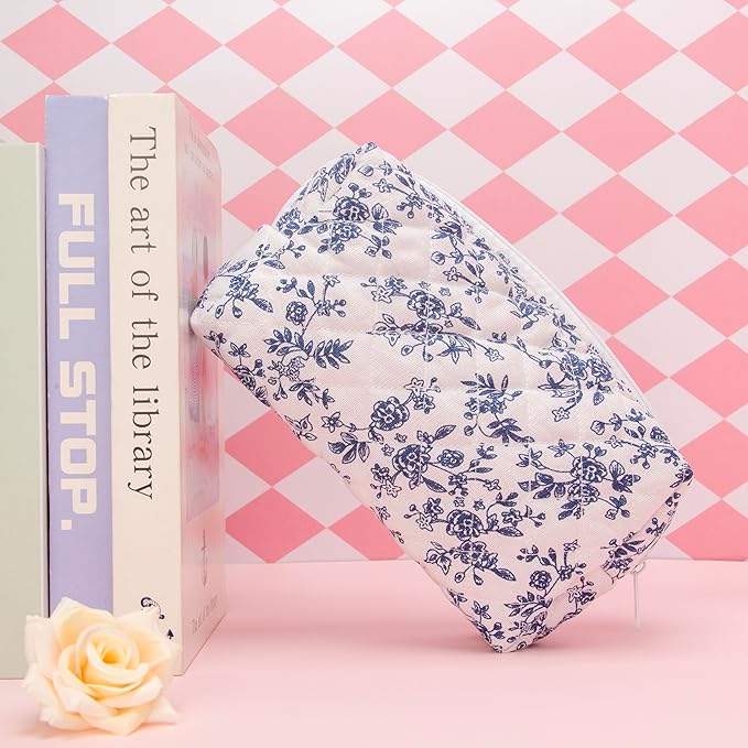 PAZIMIIK 2PCS SET Vintage Quilted Makeup Bag Cosmetic Pouch for Brushes Pencils and Travel Make Up Accessories for Women and Girls Jouy Blue