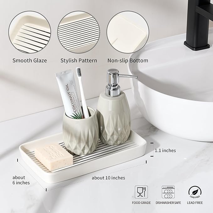 Pottify Bathroom Vanity Tray for Countertop,2PC Rectangle Striped Tray,Decorative Bathroom Organizer for Scrubber, Lotion Bottles, Perfume, Jewelry, Candle, Key Trinket Ring(Large,White)