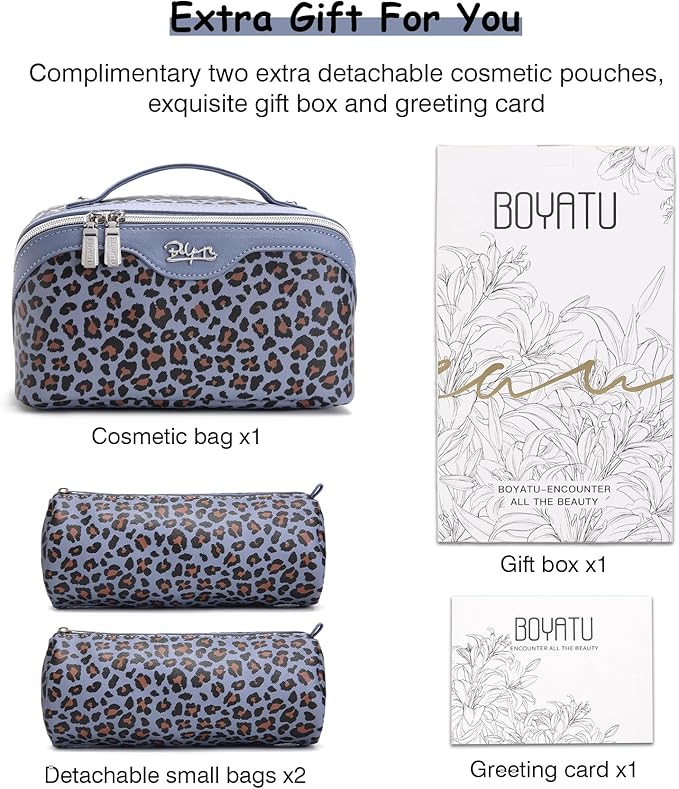 BOYATU Travel Makeup Bag for Women: 3 Pcs Set Portable Make up Bags with Handle - Leopard Print Cosmetic Bags with Comparments - Waterproof Vegan Leather Toiletry Bag (08-Light Blue)
