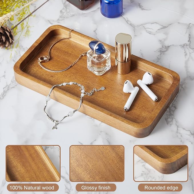 ALELION 8" Acacia Wood Bathroom Vanity Tray for Counter - Wood Tray for Dresser Tops Perfume Jewelry Candle Key Catchall - Small Kitchen Countertop Organizer for Soap Dispenser and Sponge Holder