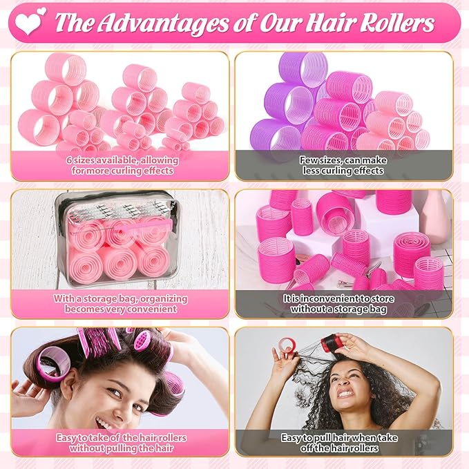 6 Size Hair Rollers for Women, 62 Pcs Rollers Hair Curlers for Long Medium Short Hair, Large Medium Small Self Grip Hair Rollers with 36 Rollers 24 Stainless steel Clips 1 Storage Bag
