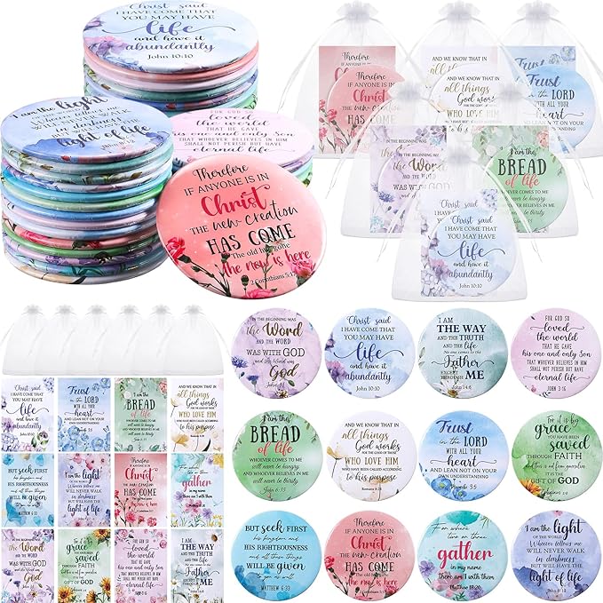 48 Sets Christian Gifts for Women Bible Verse Compact Mirror with Card Bag Inspirational Pocket Makeup Mirror Galentine Valentine Gifts for Mother Church Group Sunday School(Flower Color)