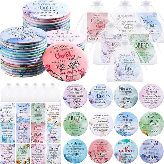 48 Sets Christian Gifts for Women Bible Verse Compact Mirror with Card Bag Inspirational Pocket Makeup Mirror Galentine Valentine Gifts for Mother Church Group Sunday School(Flower Color)