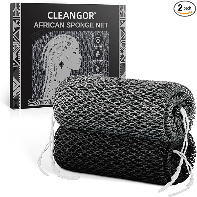 Cleangor 2Pcs African Net Sponge Authentic with Knots - Exfoliating Body Scrubber for All Skin Types, African Bath Sponge, Wash Cloth, Gentle Exfoliation Shower Rag for Women Daily Use (Black & Slate)