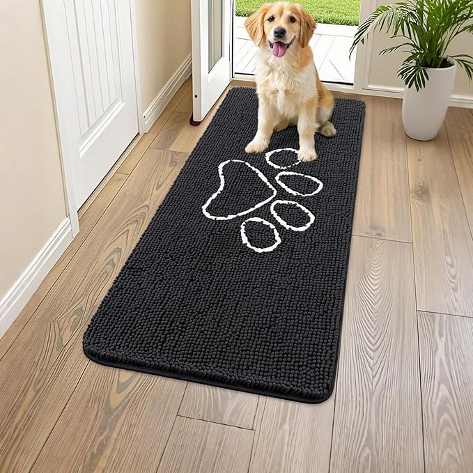 Smiry Dog Door Mat for Muddy Paws, Absorbent Dirt Trapper Non Slip Quick Dry Washable Chenille Mat for Mud Dogs, Entry Rug for Indoor and Outdoor (47x17 Inches, Black and White)