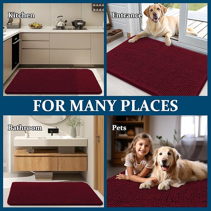 OLANLY Dog Door Mat for Muddy Paws 70x32, Absorbs Moisture and Dirt, Absorbent Non-Slip Washable Doormat, Quick Dry Chenille Mud Mat for Dogs, Entry Indoor Entryway Carpet for Inside Floor, Burgundy