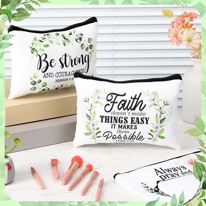 Pinkunn 16 Pcs Valentines Canvas Makeup Bags Bulk Inspirational Christian Women Religious Galentine Gifts Inspirational Bible Verse Pencil Pouch Makeup Bags with Zipper for Travel(Bible Leaves)