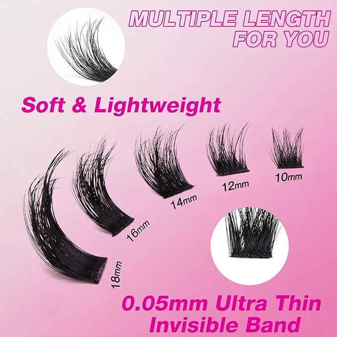 VEYESBEAUTY Lash Clusters Fluffy Individual Lash Extensions Xtreme 3D Layered Volume Eyelashes Thin & Invisible Band Wispy Faux Mink Lash Newbie's Five-Second Length 12mm