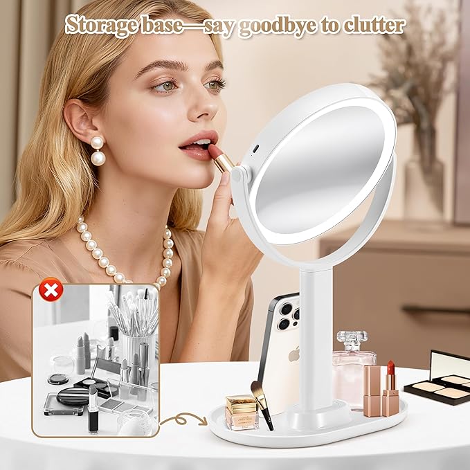 MOMOKUBA Makeup Mirror with Lights, Double Sided 1x/30x Magnifying Mirror with Light, Rechargeable 3 Color Lights and Adjustable Brightness, 360° Rotation Detachable Comes with Tweezer(White-30X)