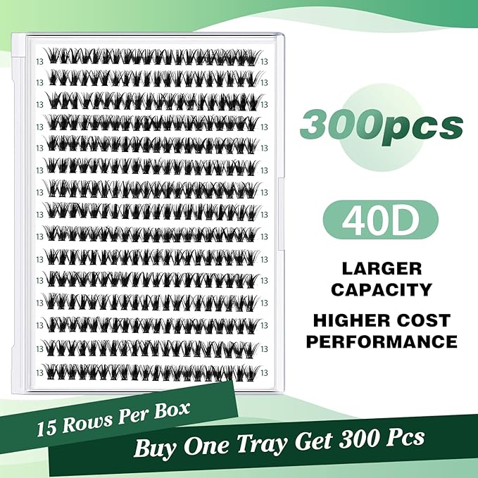 KEYYOU Lash Clusters 300pcs Individual Lashes 40D 0.07D Curl 13mm DIY Eyelash Extension Large Tray Volume Soft&Natural Cluster Lashes(40D-0.07D,13）