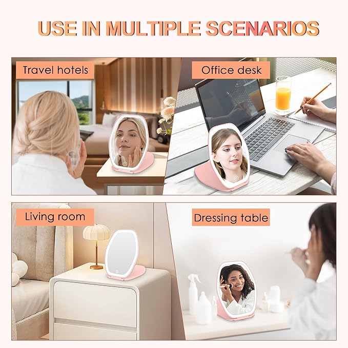 Travel Makeup Mirror with Light: 3 Color Lighting Portable Mirror with Touch Screen Rechargeable Adjustable LED Lights Hexagon Vanity Mirror for Travel, Desk, Home (Pink)