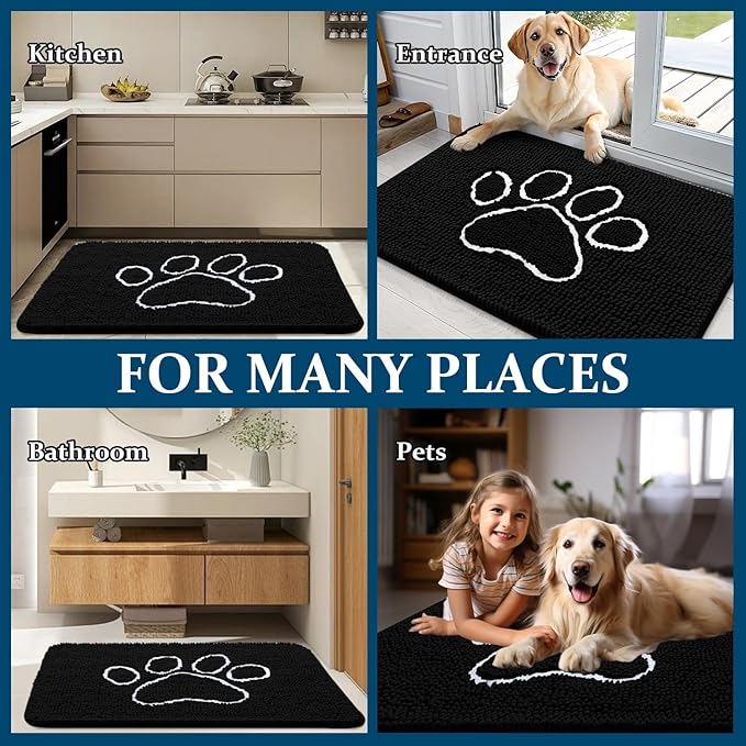 OLANLY Dog Door Mat for Muddy Paws 70x46, Paw Print Design, Absorbs Moisture and Dirt, Absorbent Non-Slip Washable Doormat, Quick Dry Chenille Mud Mat for Dogs, Entry Indoor Entryway Carpet, Black