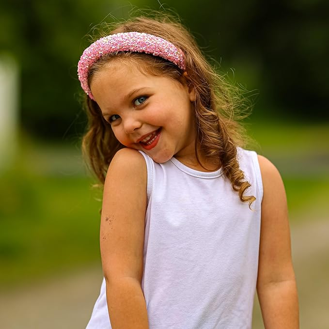 FROG SAC Sequin Headband for Girls, Sparkly Puffy Hair Band for Kids, Padded Toddler Head Bands, Sparkle Girl Hair Accessories (Pink, Child)