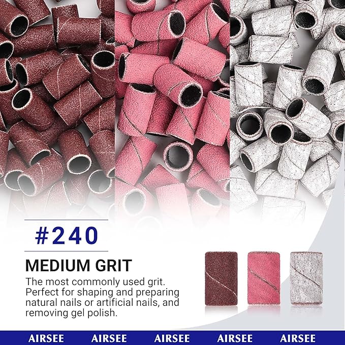 AIRSEE Sanding Bands for Electric Nail Drill 100 Piece Set 240 Grit Fine Acrylic File Attachments Professional 1 Sander Mandrel Bit Beauty Salon Accessories Manicure and Pedicure Finger Callus Zebra