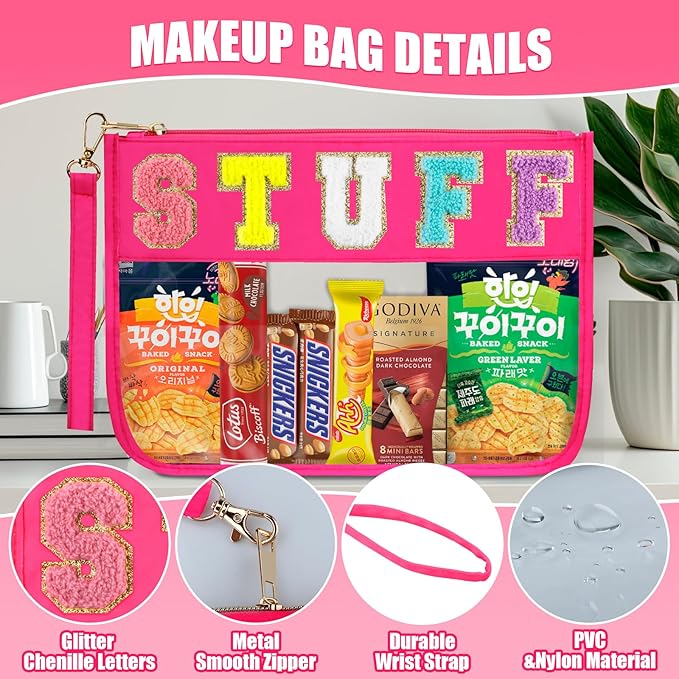 2 Pcs Stuff Bag Cosmetic Makeup Bag with Chenille Letter Patch, Clear Pouch PVC Organizer Purse, Waterproof Travel Bag, Portable Toiletry Storage Bag for Her Girls Friends Women