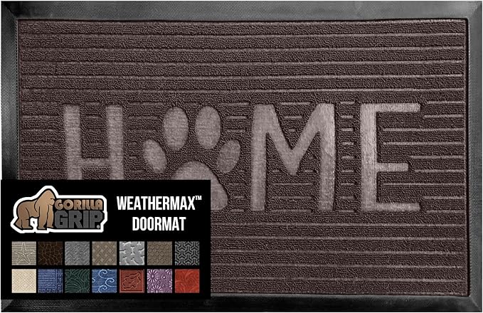 GORILLA GRIP 100% Waterproof All-Season WeatherMAX Doormat 35x23, US Designed Natural Rubber, Stain and Fade Resistant, Low Profile Indoor Outdoor Door Mats, Easy Clean Patio Mat, Espresso Home Paw