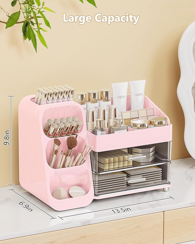 Anylady Makeup Organizer with Drawers, Skincare Organizer (Large Size Thick), Storage Box Cosmetic Display Cases, Make up Organizers for Vanity, Dresser, Desk, Kitchen, Countertop (Pink)
