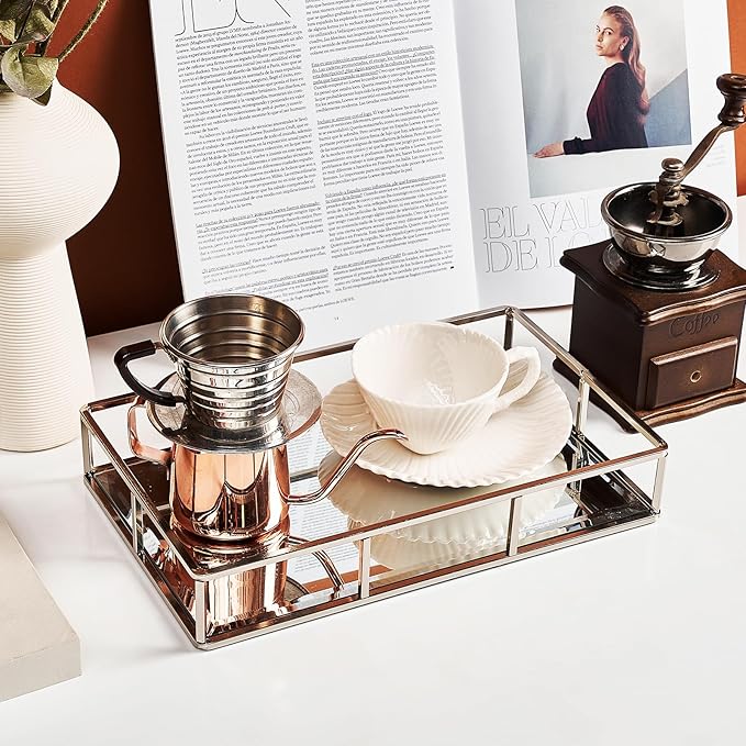 PuTwo Mirror Tray, Silver Perfume Tray, Decorative Tray, Metal Vanity Tray, Jewelry Tray, Decorative Trays, Glass Tray, Perfume Organizer, Vanity Trays for Bathroom, Counter, Bathroom