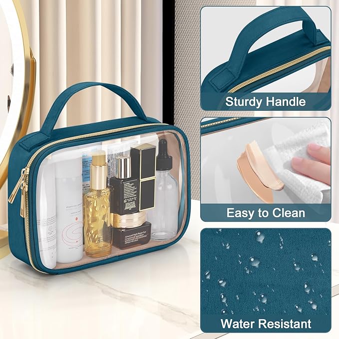 Wedama TSA Approved Toiletry Bag, 2 Pack Clear Makeup Bags with Handles, Quart Size Clear Toiletry Bags, PVC Cosmetic Bag for Women and Men, Carry on Airport Airline Compliant Bag, Til Blue