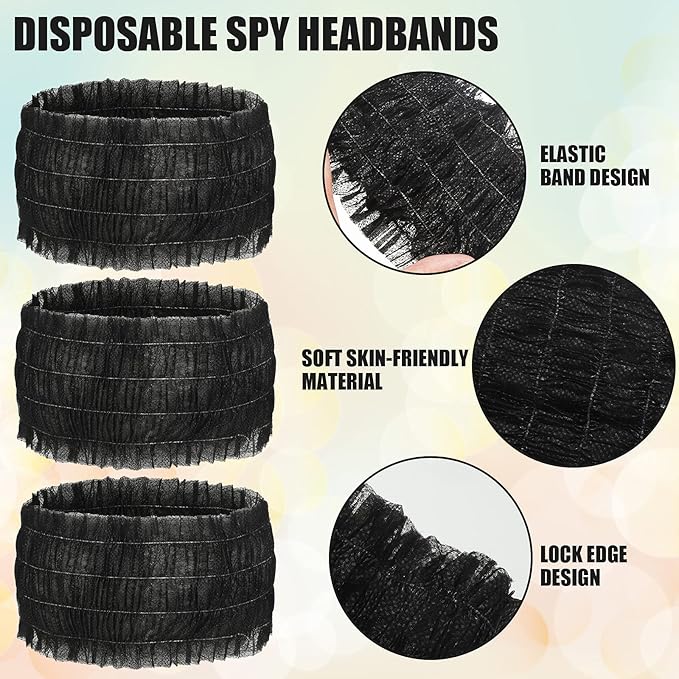 Waydress 100 Pieces Disposable Headbands Soft Non Woven Facial Spa Headbands Cloth Stretch Skin Care Hair Band Salon Makeup Sauna Supplies Individually Packaged for Women Girls, Black