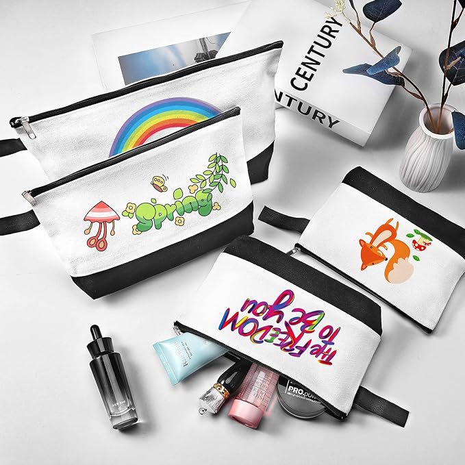 10 Pieces Cotton Canvas Makeup Bag with Bottom and Strap, Multi-Purpose Cosmetic Bag with Zipper Travel Toiletry Pouch, Blank DIY Craft Bag (White&Black, M)