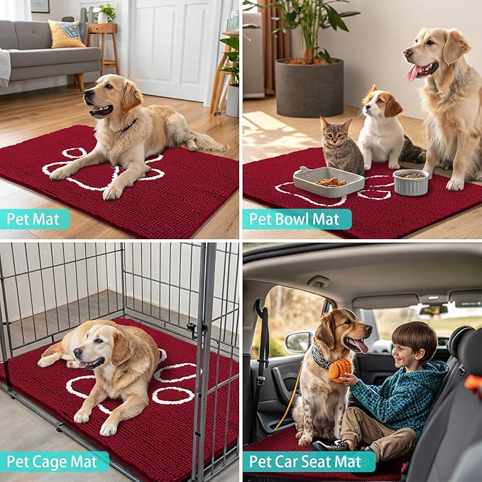 Smiry Dog Door Mat for Muddy Paws, Absorbent Dirt Trapper Non Slip Quick Dry Washable Chenille Mat for Mud Dogs, Entry Rug for Indoor and Outdoor (24x16 Inches, Red and White)
