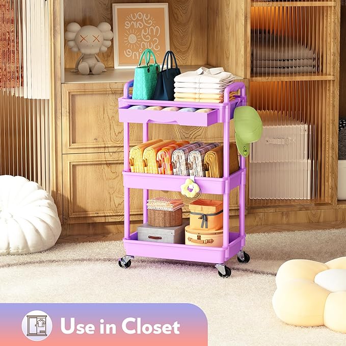 Makeup Cart Organizer with Drawers, Floor Skincare Organizers Vanity Storage Organizer, Rolling Makeup Bathroom Storage Cart Cosmetics Display Cases for Skin Care Perfume Nail Polish, Purple