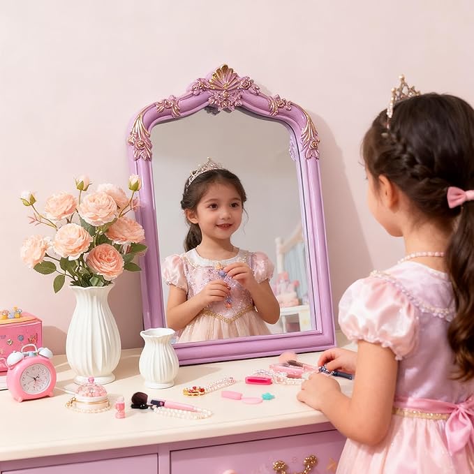 Pink Flower Bow Mirror - 13x10 Inch Perfect Elegant Decorative Accent, Wall-Mounted Tabletop Makeup Mirror for Nursery Baby Room Bedroom Decor