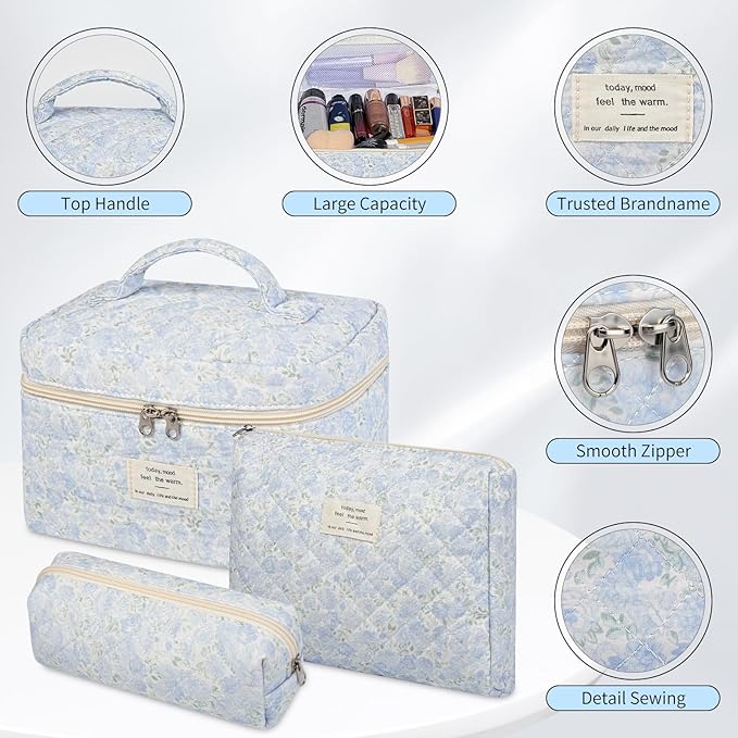 senbowe Floral Makeup Bag, 3 Pack Large Cotton Quilted Makeup Bag Set, Cute Floral Coquette Aesthetic Toiletry Bag Make Up Cosmetic Bag for Women, Toiletry Travel Make Up Organizer Bag
