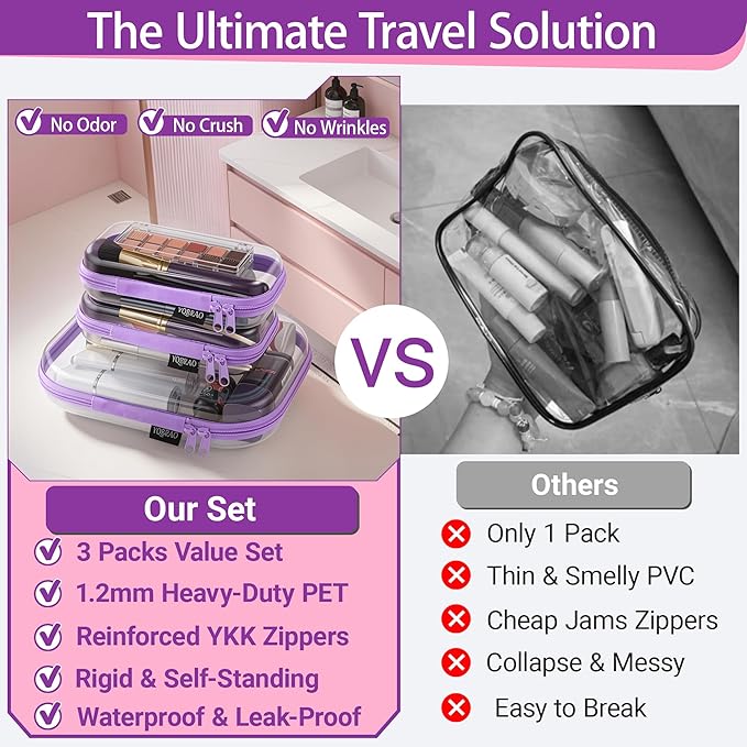 3 Pack Hard Sided Clear Zipper Case for Storage- Thickened-Grade Clear Hard Shell Zipper Case for Organizing Bead, Handicrafts, Sewing, Toiletries, Makeup (Purple)