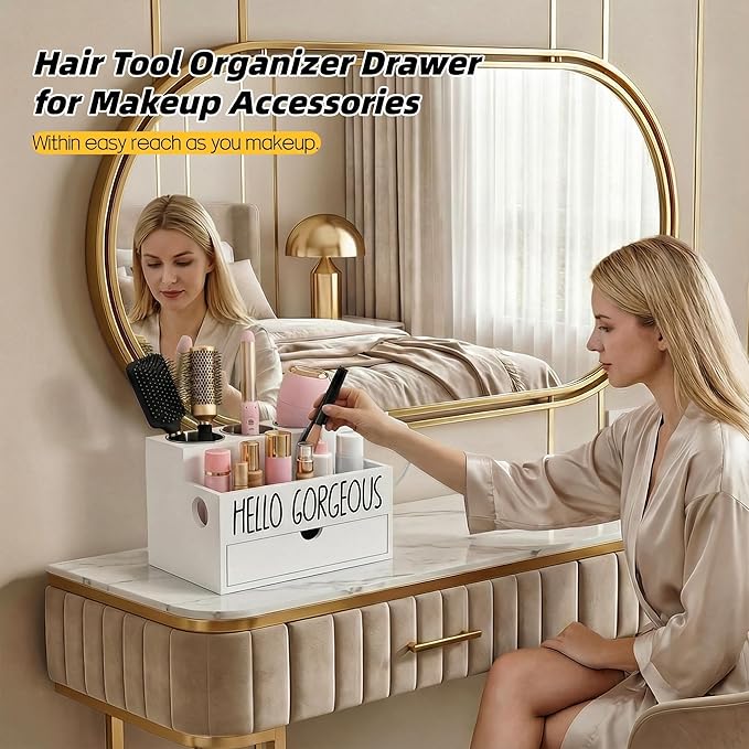 Hair Tool Organizer Drawer, Heat-Resistant Hot Tools Organizer with Removable Stainless Steel Cups for Hair Dryer, Curling Iron, Straightener, Bathroom Hair Accessories Storage (White)