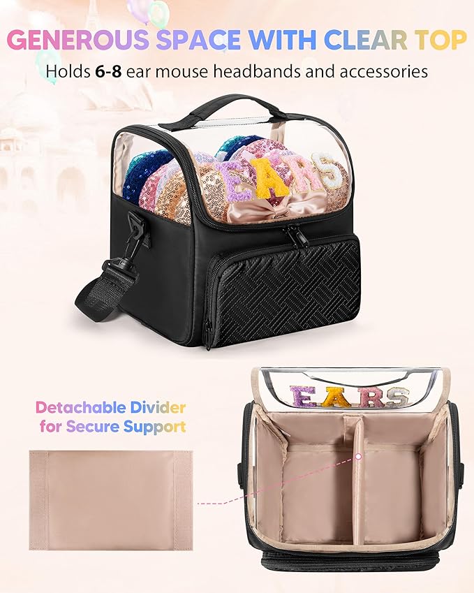 Mouse Ears Travel Case with Detachable Divider, Headband Holder Organizer Bag with Shoulder Strap, Chenille Letter Hair Accessories Storage Box, Black