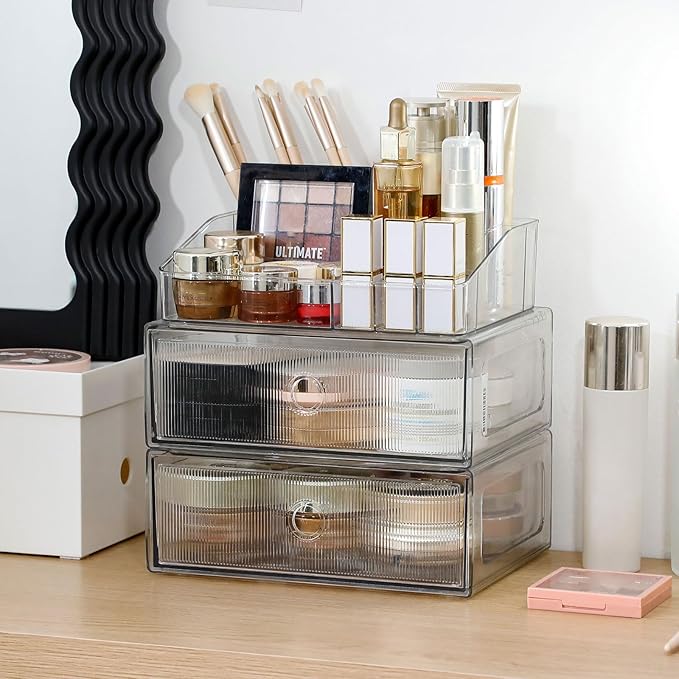 3-Tiers Makeup Organizer with Drawer, Stackable Skincare Storage Box for Vanity and Bathroom, Beauty Essentials, Cosmetic Brushes, Perfume Stand, Large Lipsticks Holder